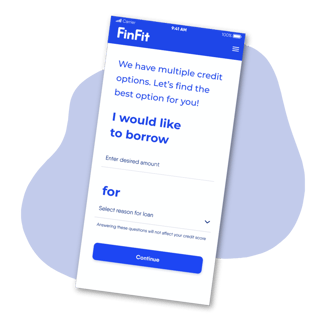 FinFit app screen displaying loan options with sections for desired amount and purpose, featuring a 