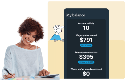 A person reviews their financial balance displayed on a screen, showing account activity, total wages earned, and accessible funds